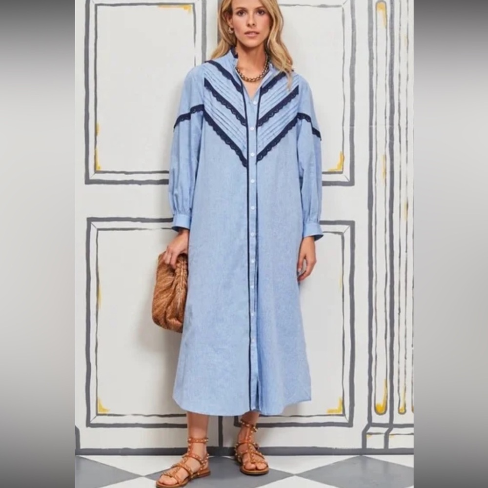 Pomander Place Light Blue Long Button Front Coat Dress with Navy Trim - Picture 5 of 6